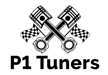 P1 Tuners logo with crossed piston and checkered flags in black and white