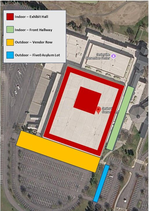Aerial map of a building with color-coded accessibility zones and labeled entrances/sidewalks.