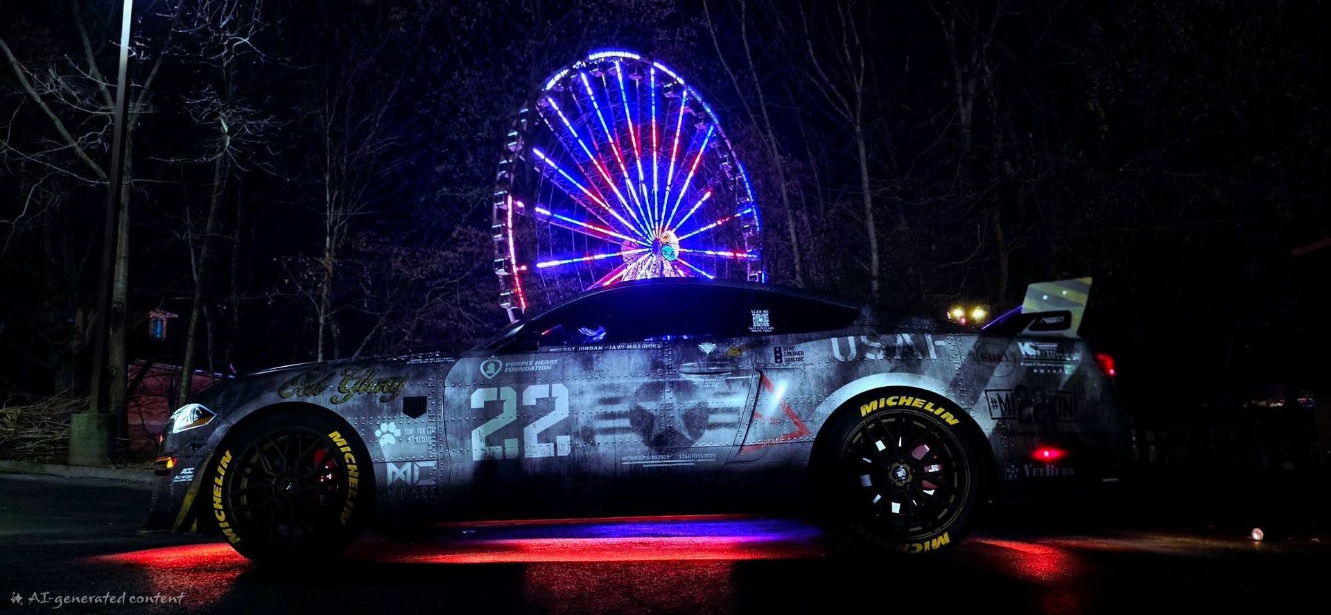 White race car with neon-lit wheels in front of a glowing Ferris wheel at night