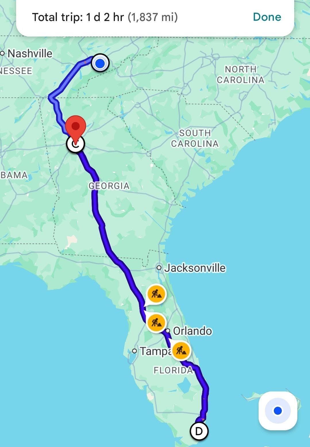 Map of a blue route through Florida from Pensacola to south Florida with multiple stop markers