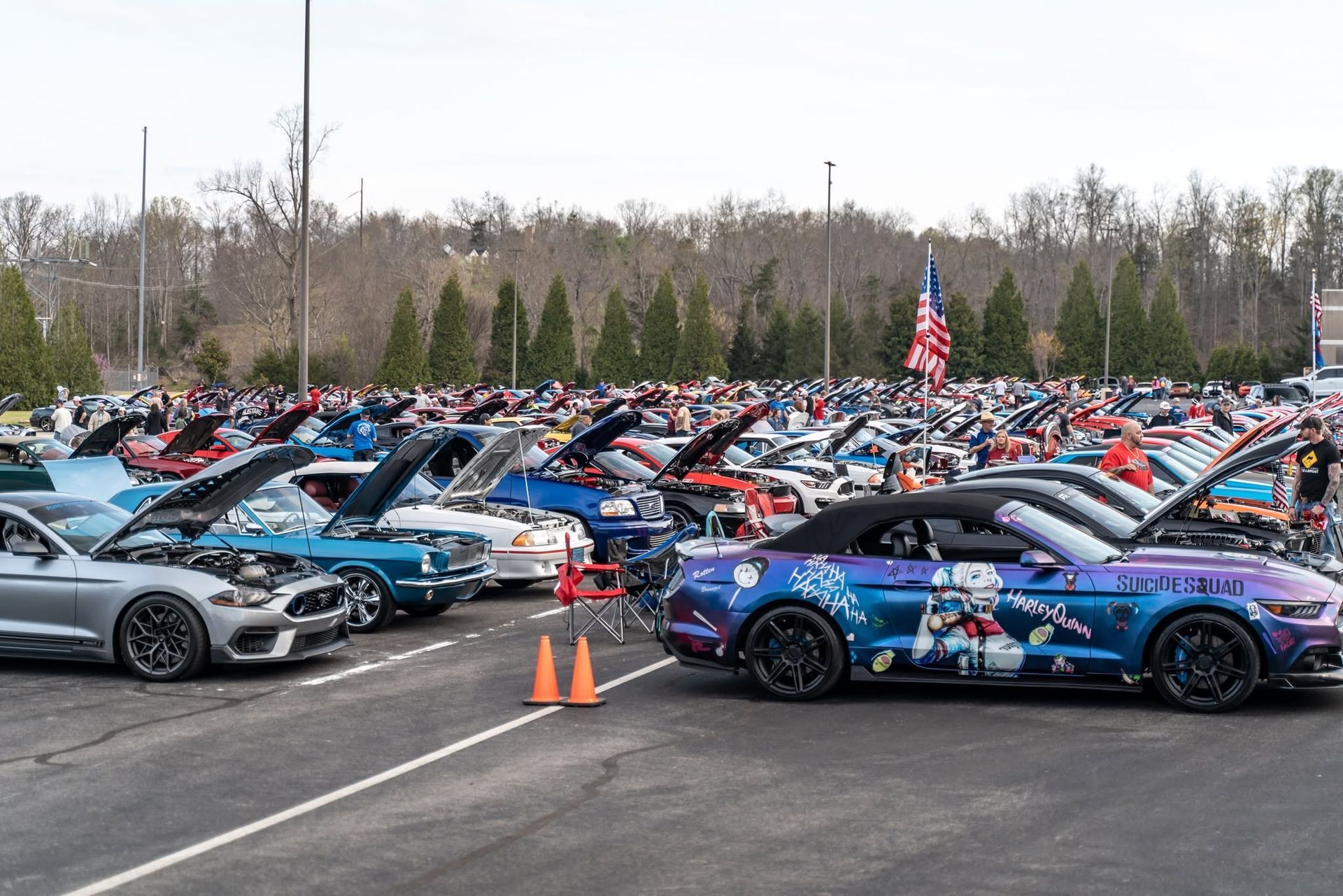 Rows of colorful sports cars parked at an outdoor car meet, with an American flag in the background.