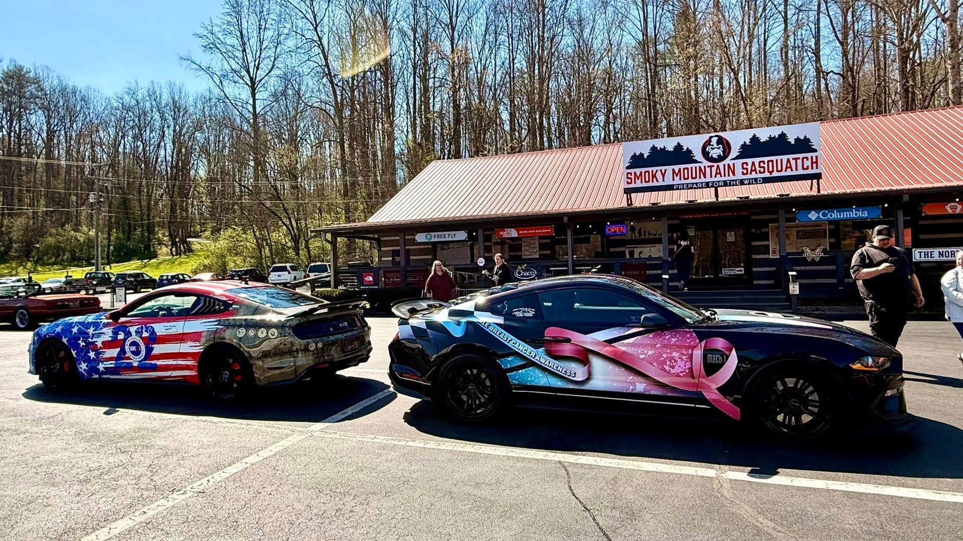 Two decorated sports cars parked outside a building, one with a large pink ribbon graphic.