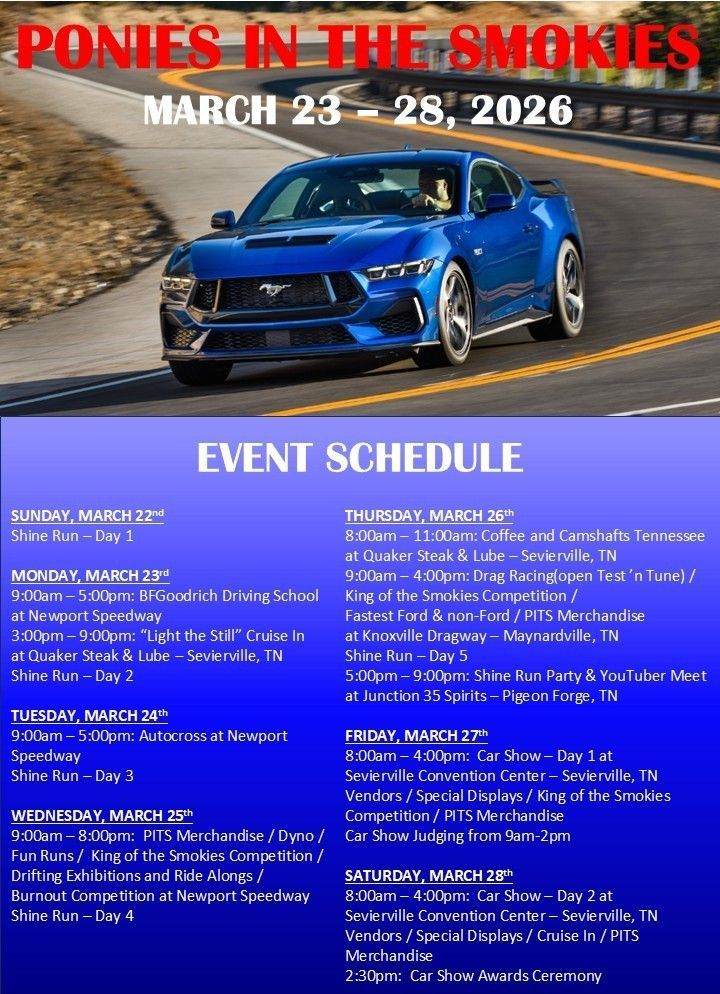 Blue sports car event flyer for “Ponies in the Smokies,” March 23–28, 2026, with schedule details.