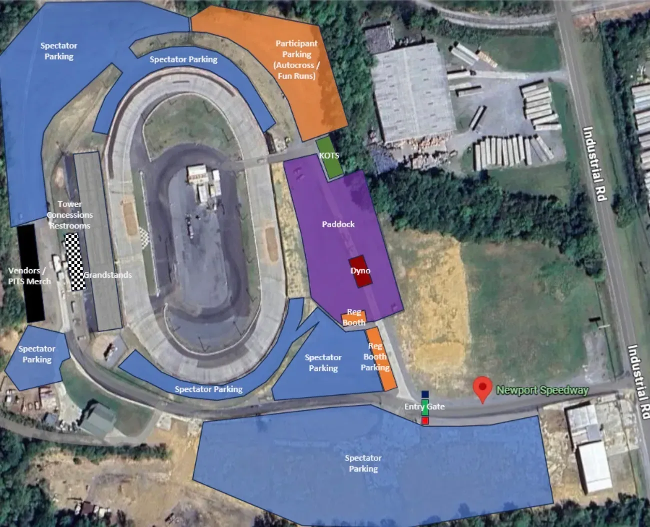 Aerial map of a race track with colored sections and a marked route on the right side.