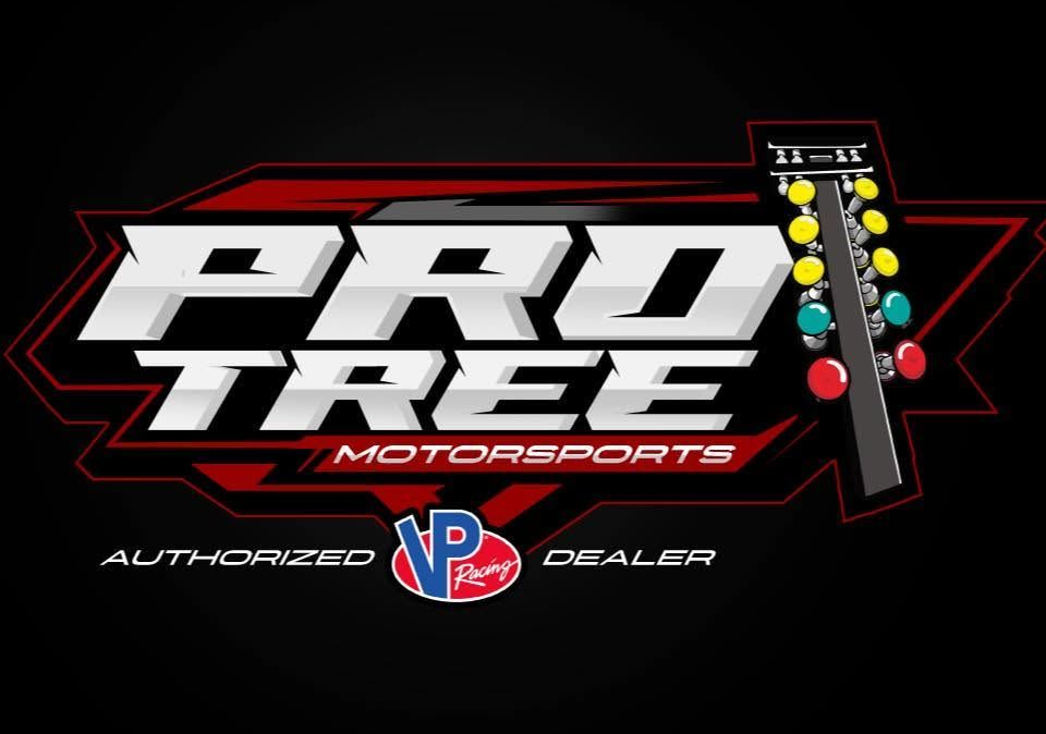 Pro Track Motorsports logo with drag racing light tree and VP Racing Fuels dealer badge on black background
