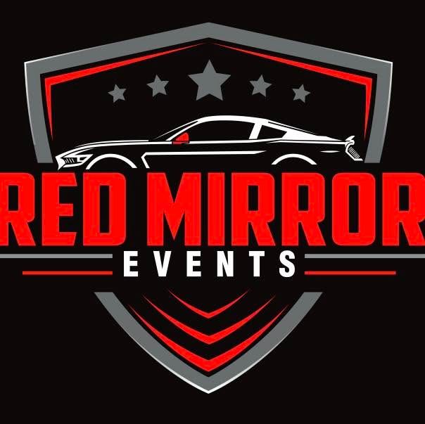 Red Mirror Events logo with red sports car silhouette and shield emblem on black background