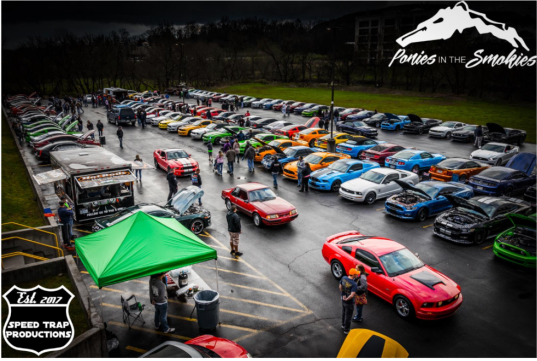 Aerial view of a colorful lineup of sports cars and vans in a wet parking lot with a green tent.
