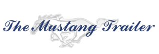The Mustang Trailer logo in blue script with a gray running horse silhouette on a white background