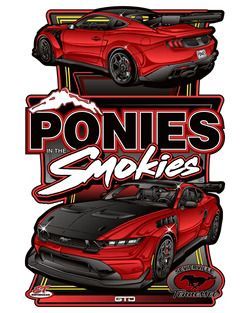 Red and black sports car graphic with “Ponies & Smokies” text and a GTD badge