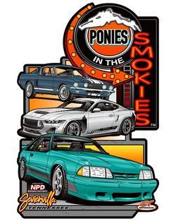 Three colorful modified cars under a “Ponies in the Smokies” logo and text