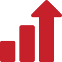 Red upward bar chart with three increasing bars and an arrow, symbolizing growth.
