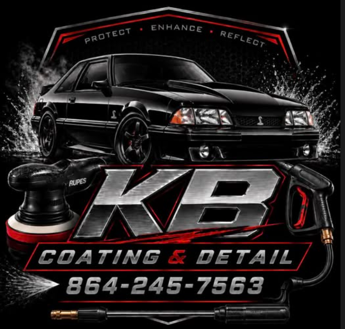 KB Coating & Detail logo with black car, spray effect, and phone number 864-245-7566