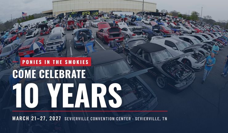 Pony in the Smokies car show banner: “Come Celebrate 10 Years” with rows of classic cars.