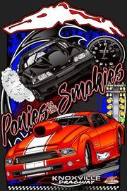 Two cars in front of mountains, with “Daniels Smokies” and “Knoxville, TN” text on a black background
