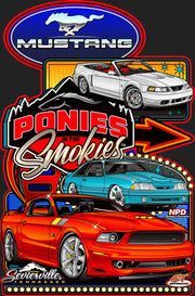 Mustang “Ponies & Smokies” graphic with three colorful cars on a black background