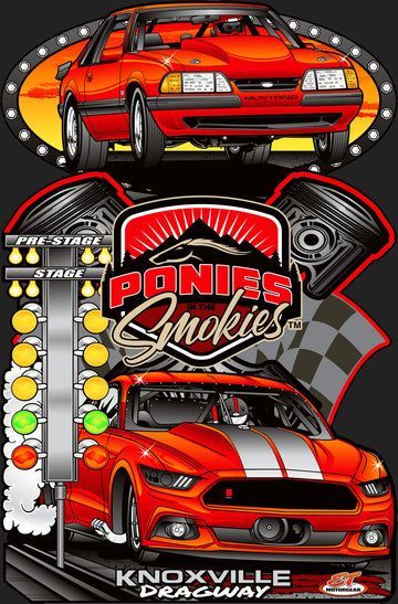 Red Pontiac Firebird drag car graphic with Knoxville Raceway and Ponies & Smokies lettering