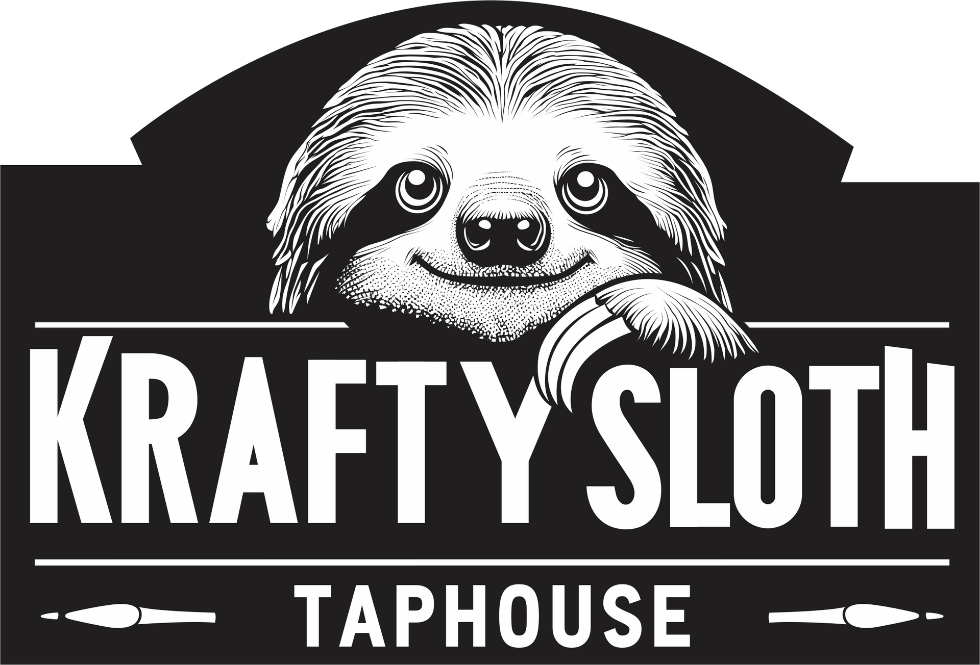Black-and-white Krafty Sloth Taphouse logo with a smiling sloth and bold text