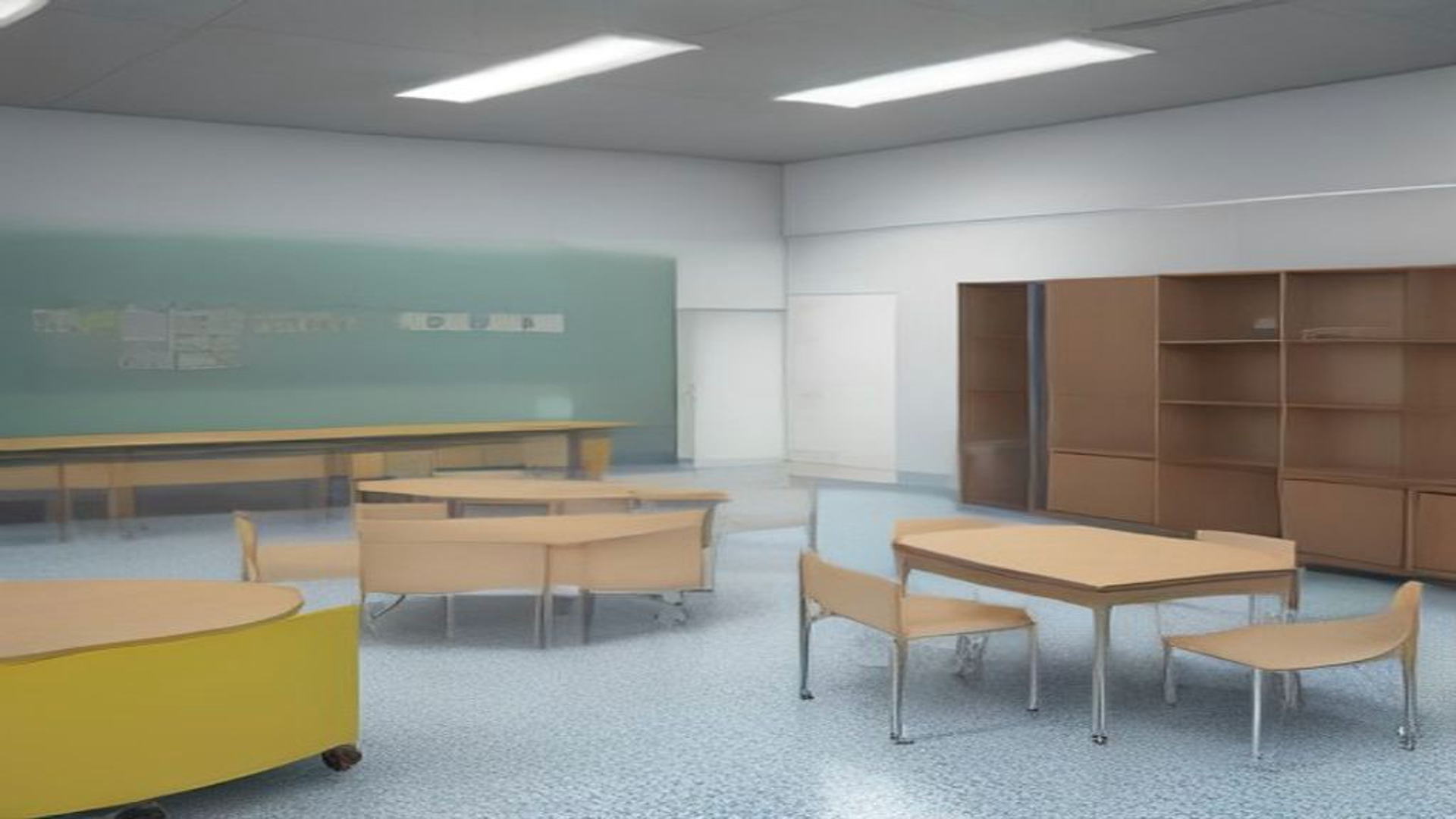 Empty Miami-Dade preschool classroom with child-sized tables, wooden shelves, and indoor lighting; no palm trees, no people, no text