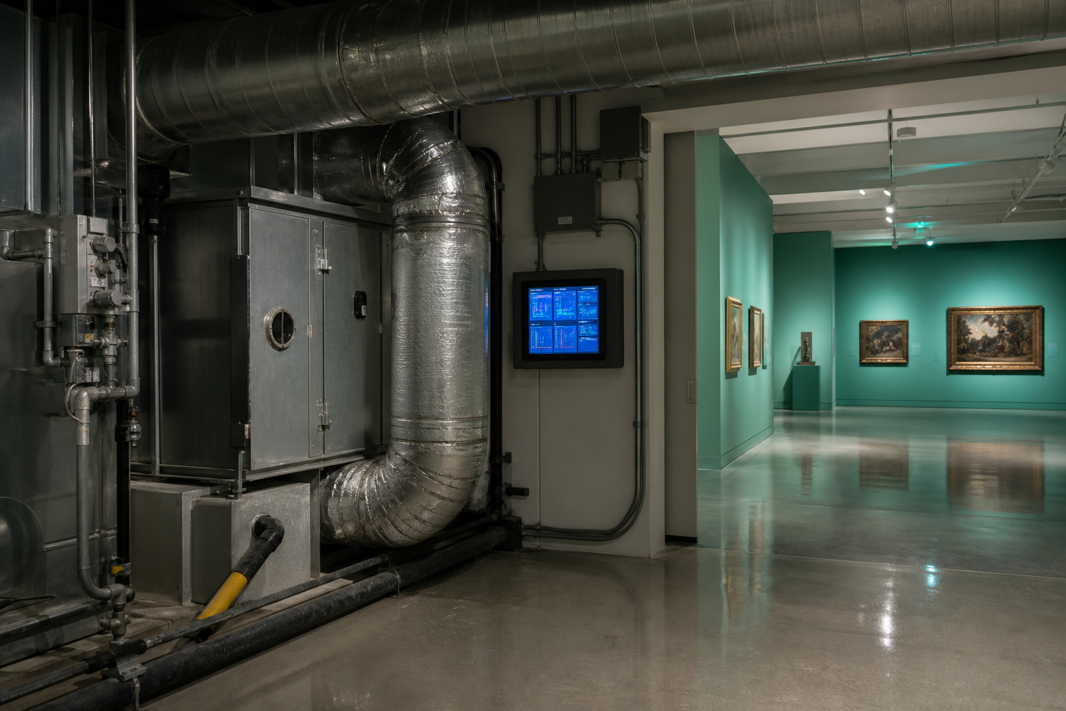 Climate-controlled Miami gallery storage room with framed paintings on racks and a wall-mounted humi
