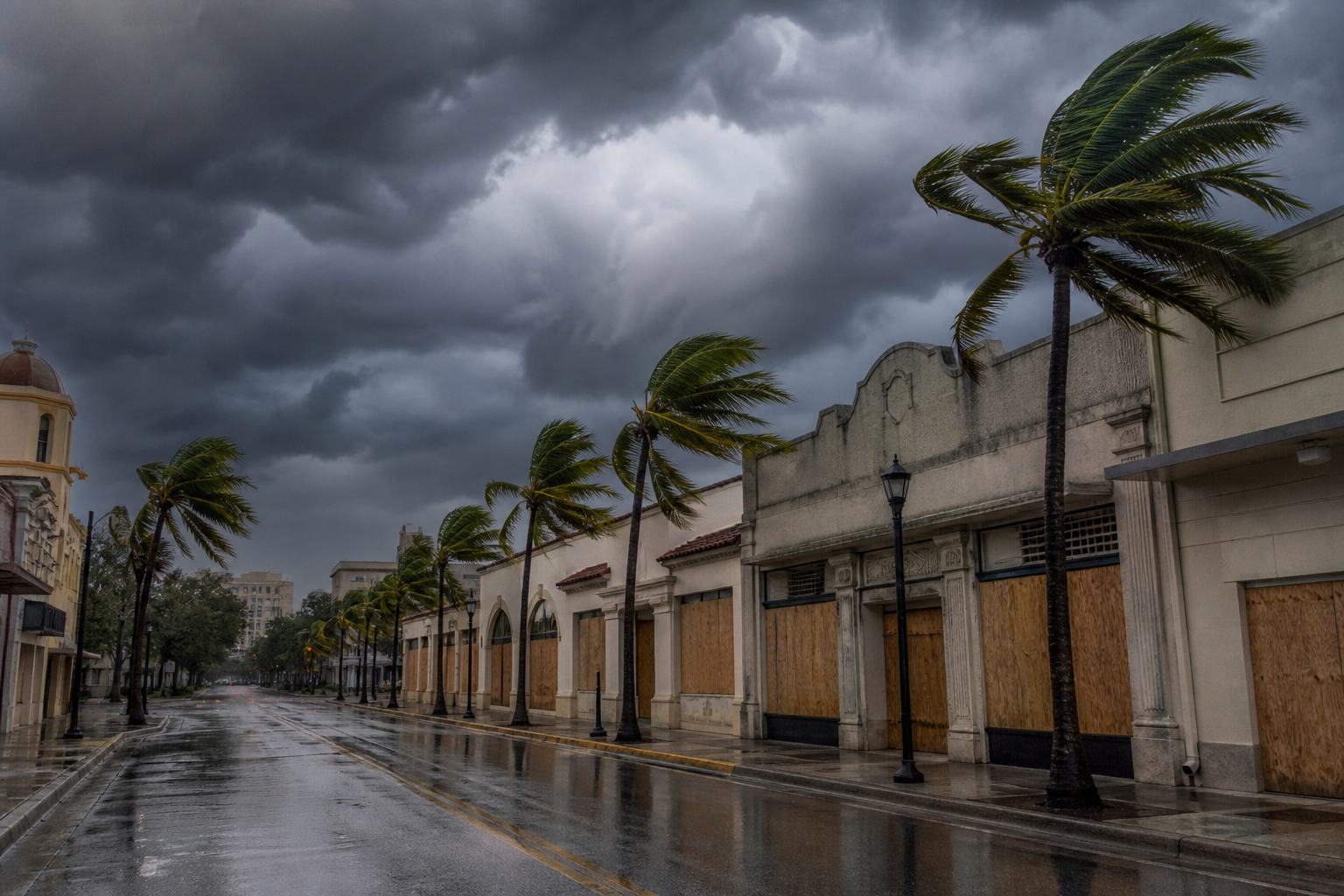 Storm clouds and wind-bent palms over a shuttered Coral Gables commercial block, illustrating Miami