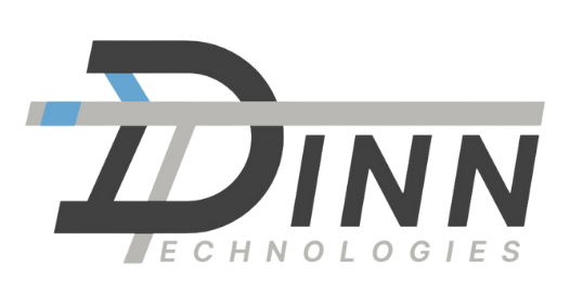 Dinn Technologies logo in gray and blue with stylized D initials and a horizontal line above the text