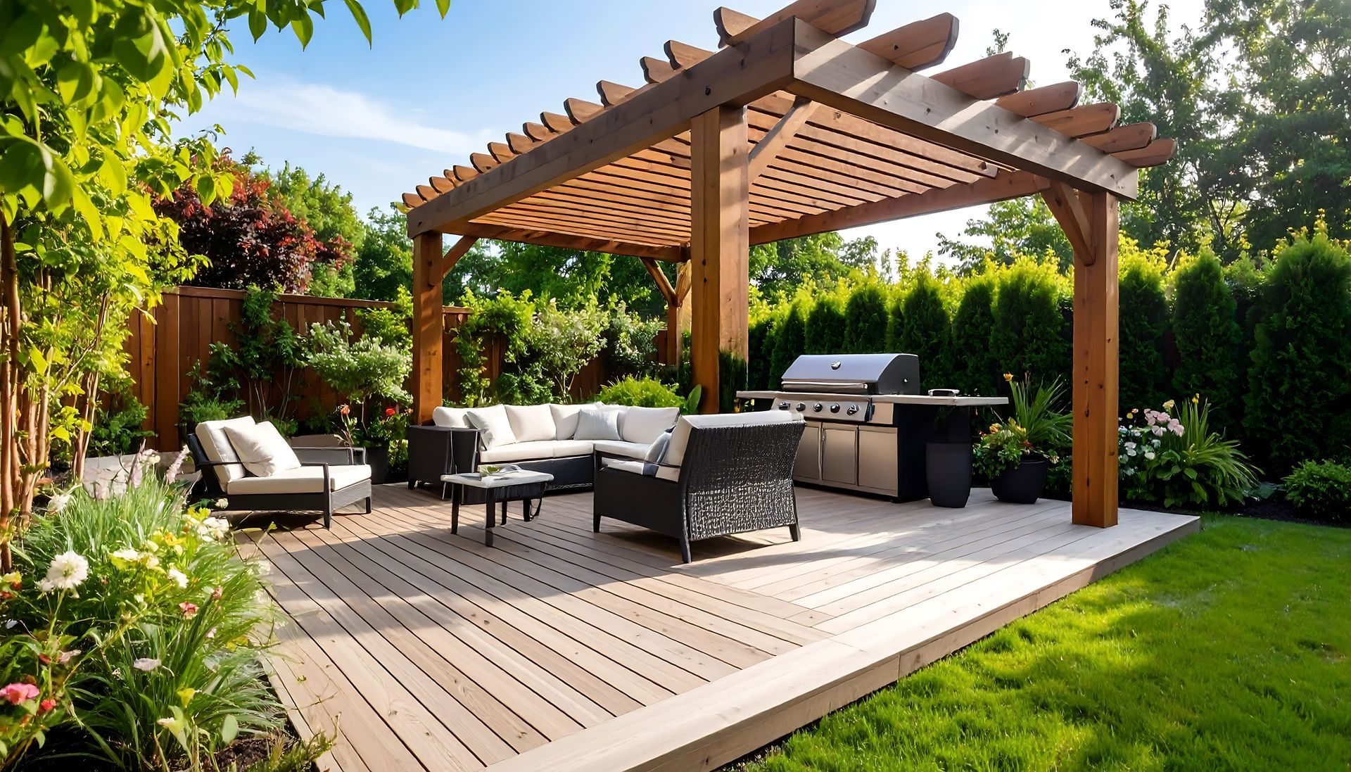 Patio with wooden pergola, outdoor seating, and grill; lush green lawn and garden.