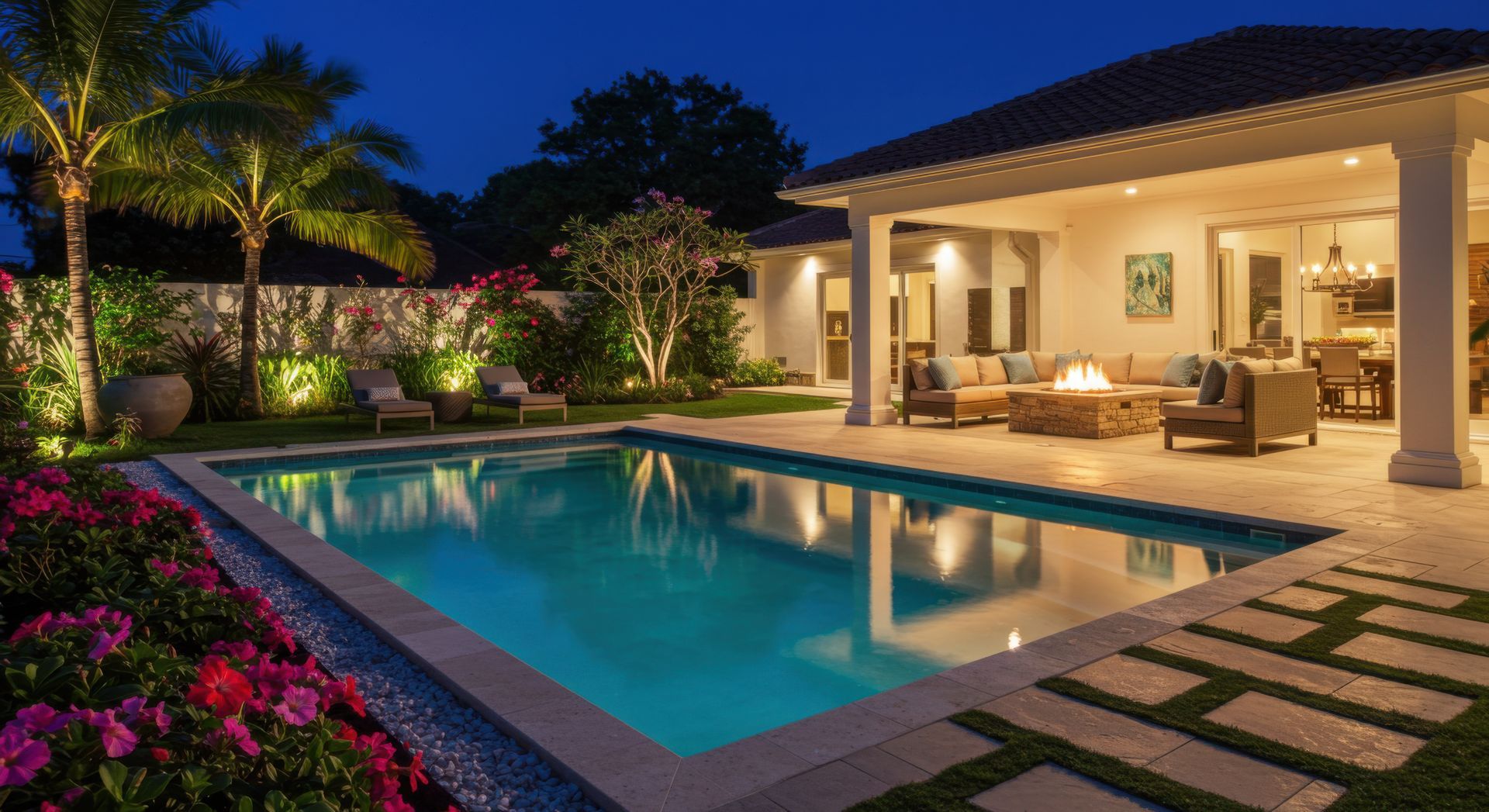 Nighttime view of a backyard with a pool, patio, and lush landscaping. The house is white.