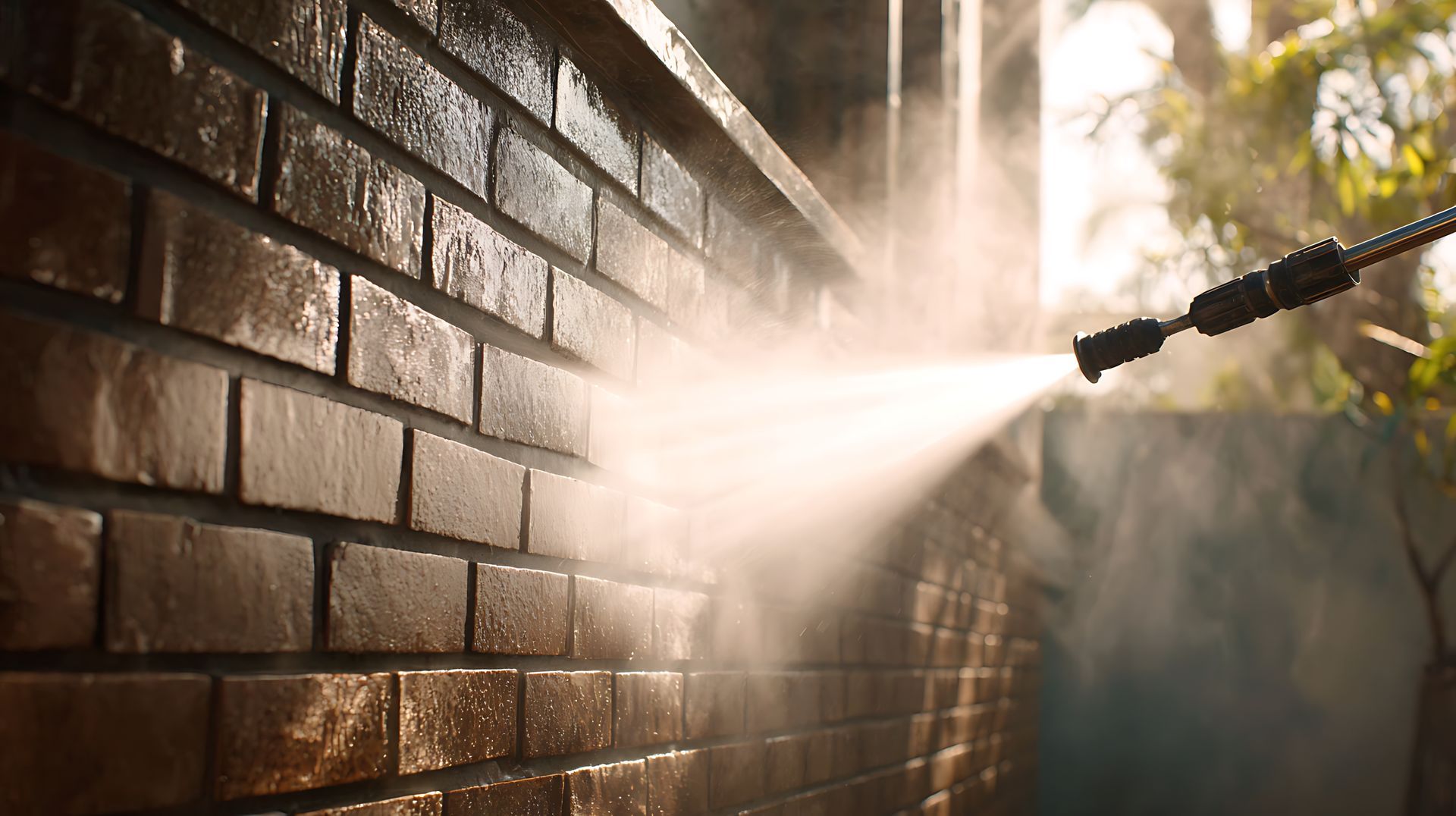 Pressure washer spraying water on a brick wall, cleaning it outdoors.