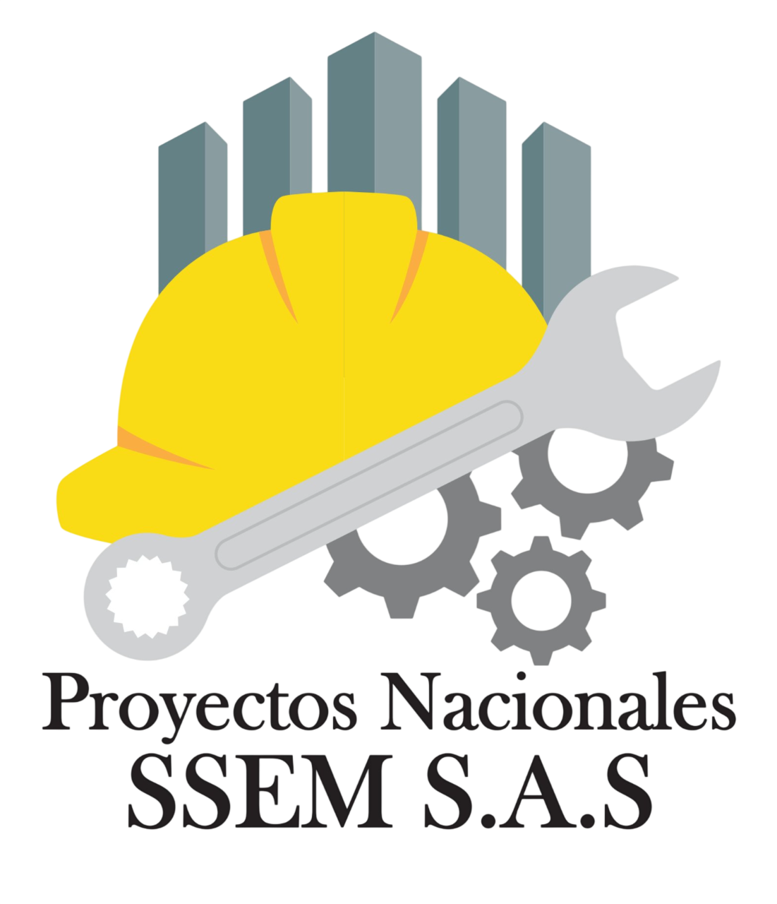Logotipo de Proyectos Nacionales SSEM SAS que incluye un casco amarillo, una llave inglesa gris, engranajes y siluetas estilizadas de edificios.