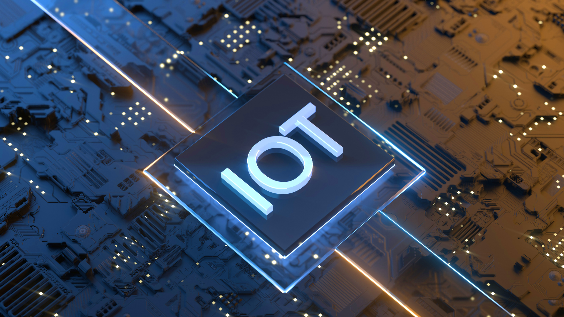 A computer chip with the word iot on it is sitting on top of a motherboard.