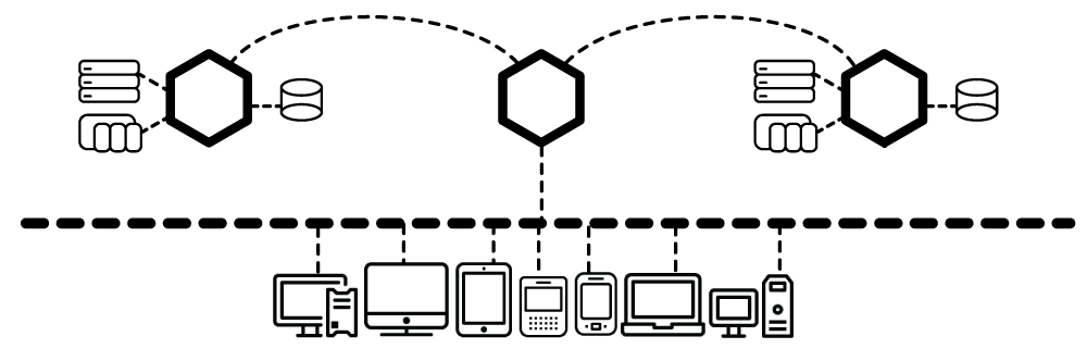 A black and white drawing of a network of computers and phones connected to each other.