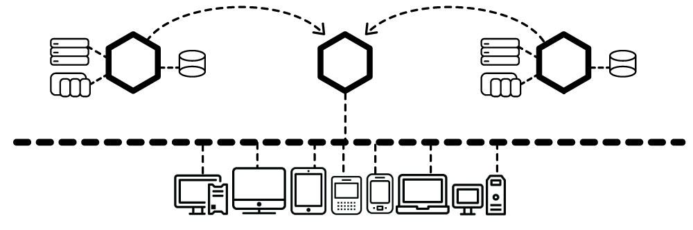 A black and white drawing of a chemical structure and a row of computers.