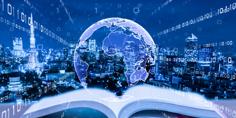 A book with a globe in the middle of it and a city in the background.