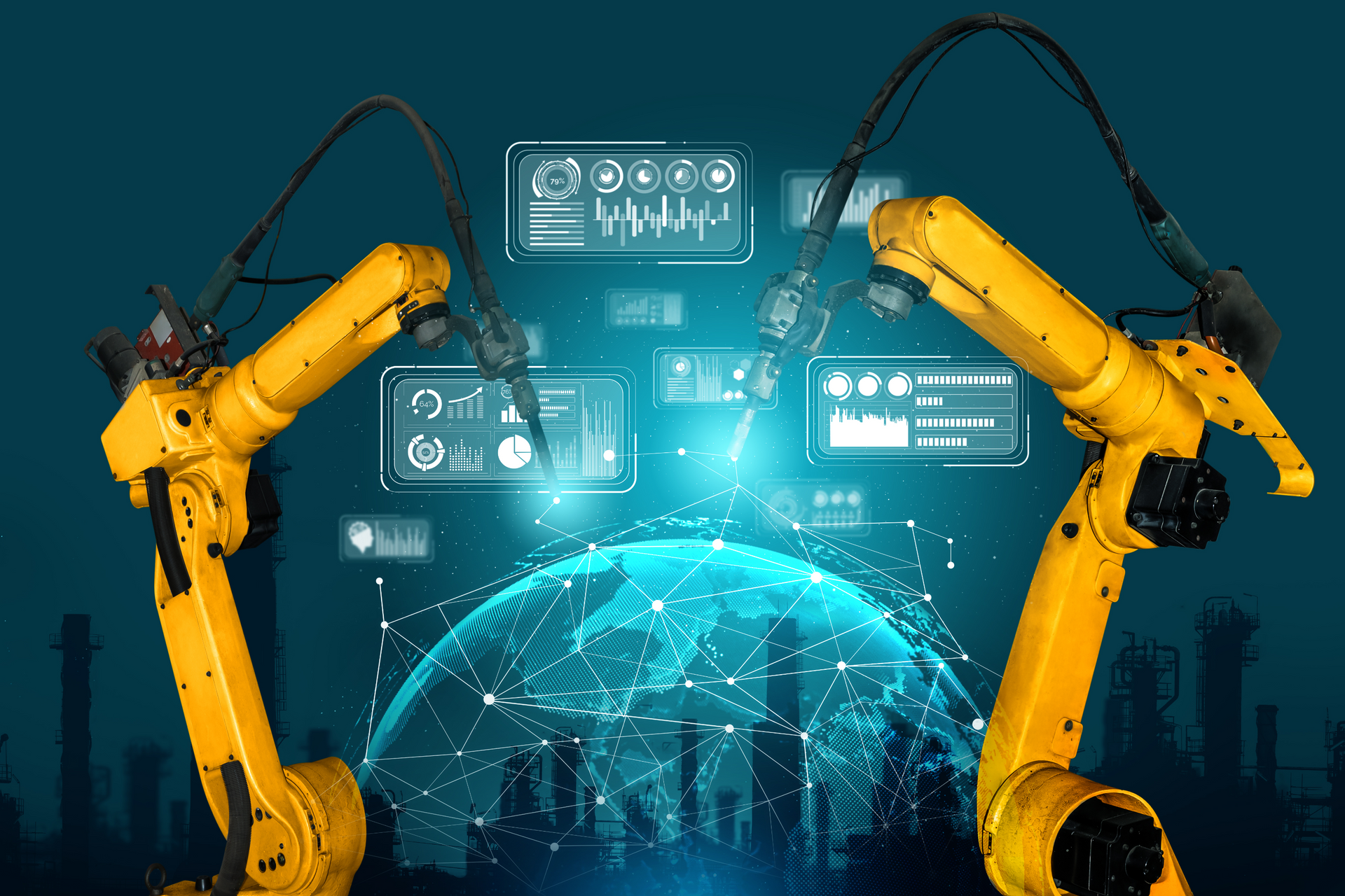 a couple of yellow robotic arms standing next to each other in front of a globe .
