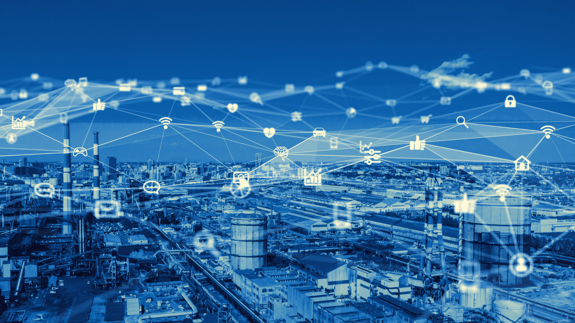 An aerial view of a city with a lot of connections between buildings.