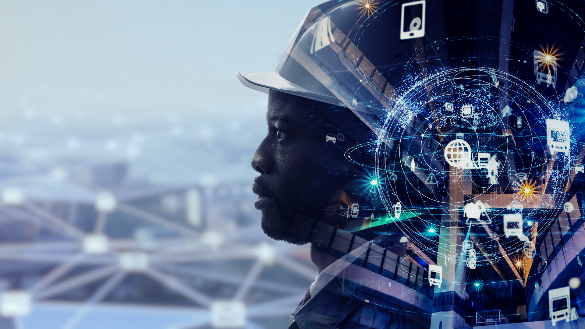 A double exposure of a man wearing a hard hat with a city in the background.