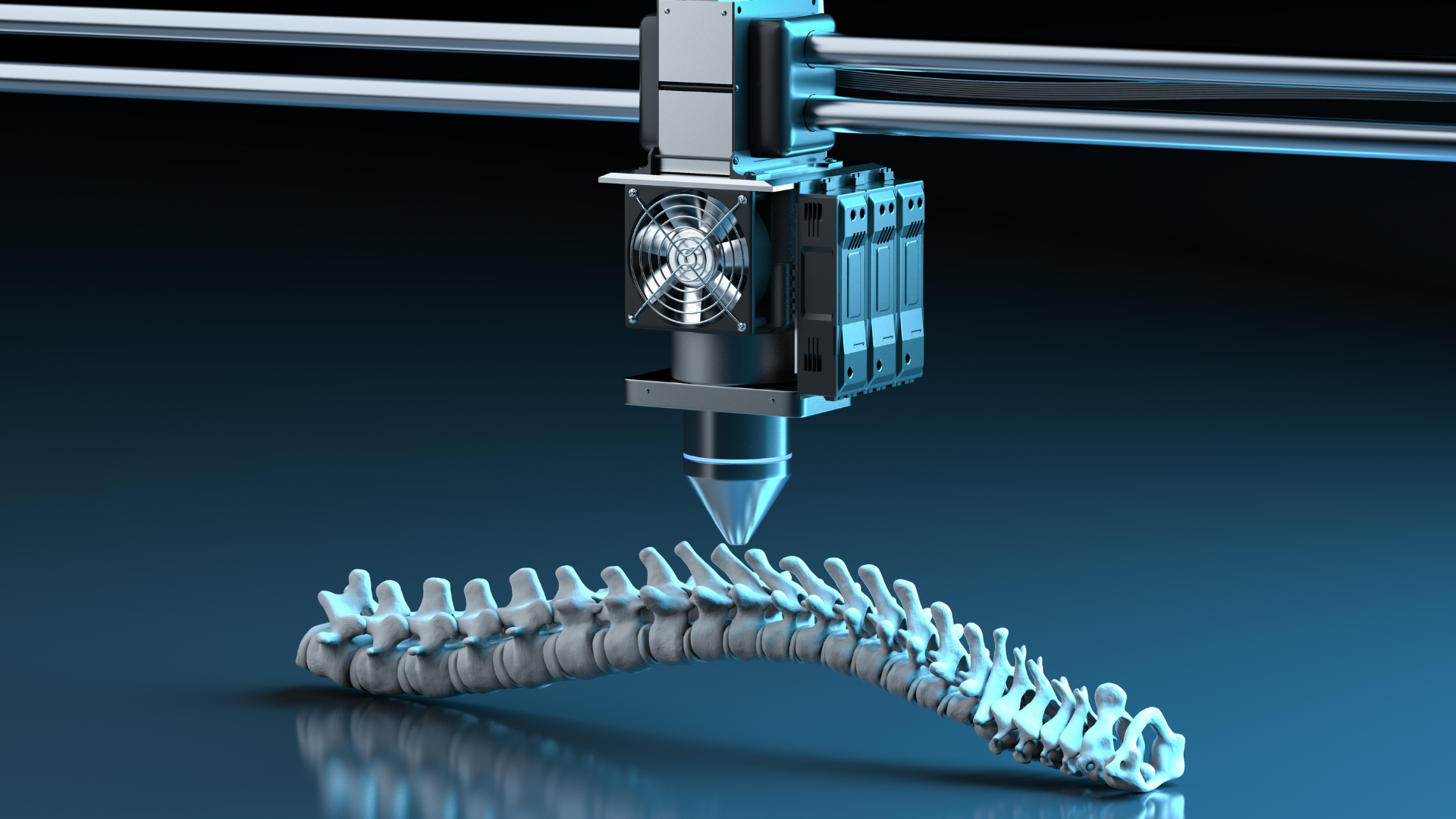 A 3d printer is printing a skeleton on a blue surface.