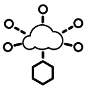 A black and white icon of a cloud connected to a hexagon.