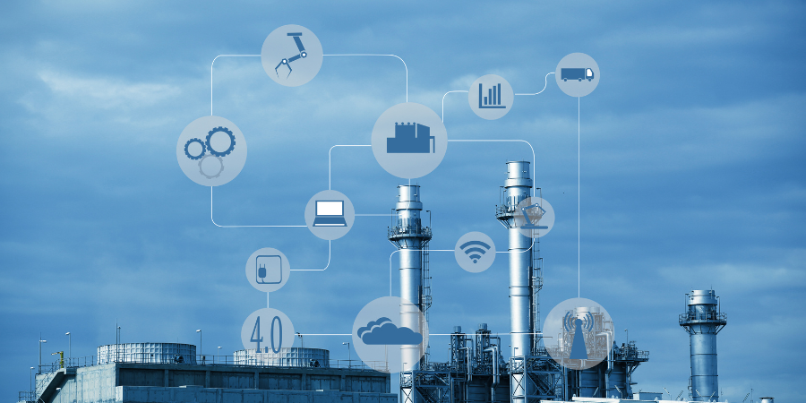 A factory with a lot of pipes and icons on it.