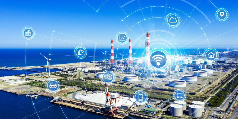 An aerial view of a oil refinery with a lot of icons on it.