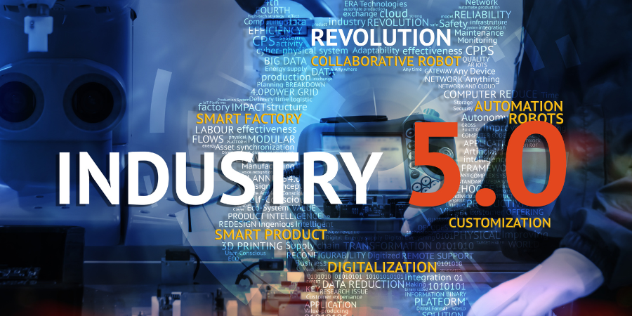A person is using a computer with the words industry 5.0 on the screen.