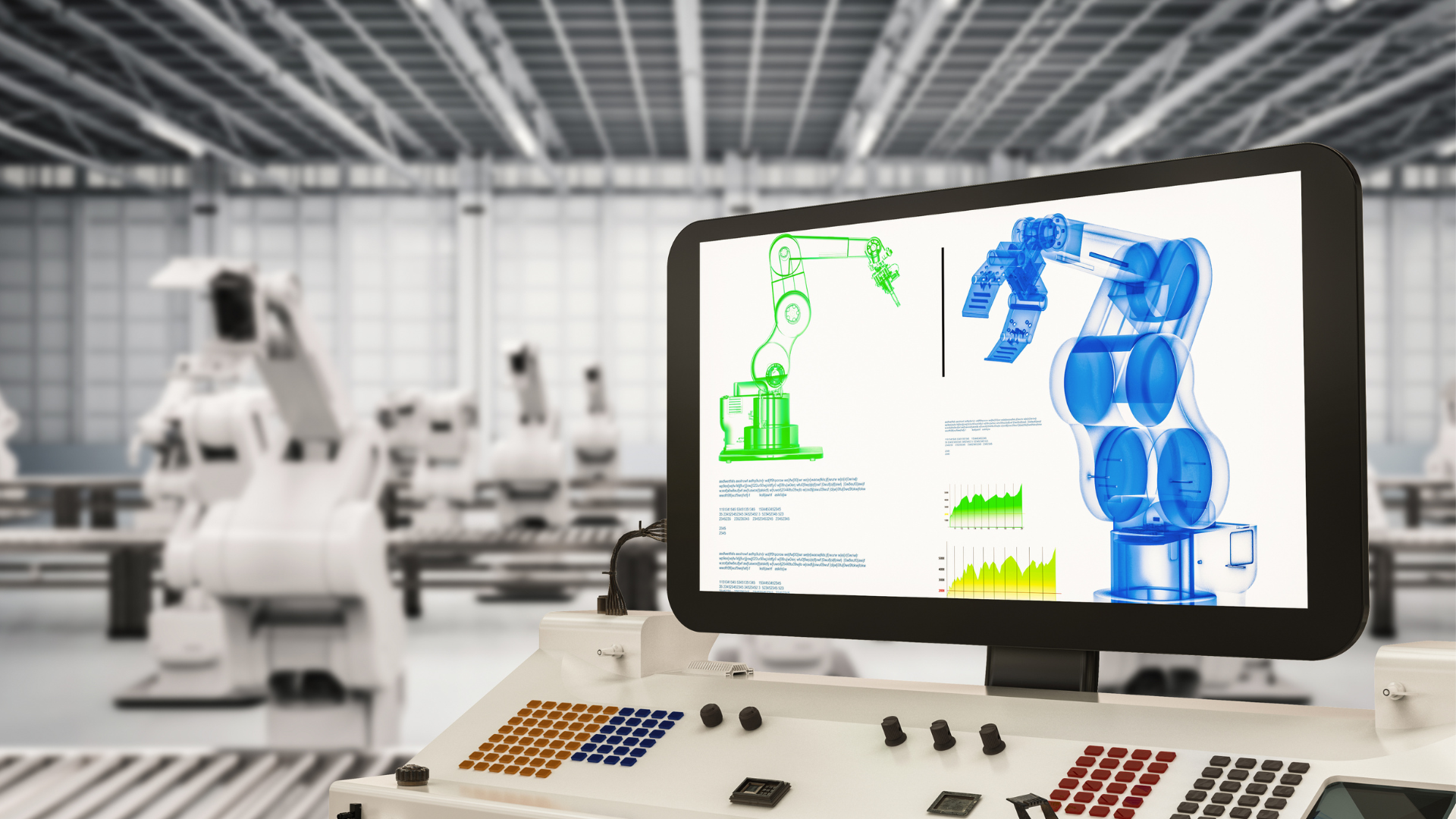 A computer monitor is displaying a robotic arm in a factory.