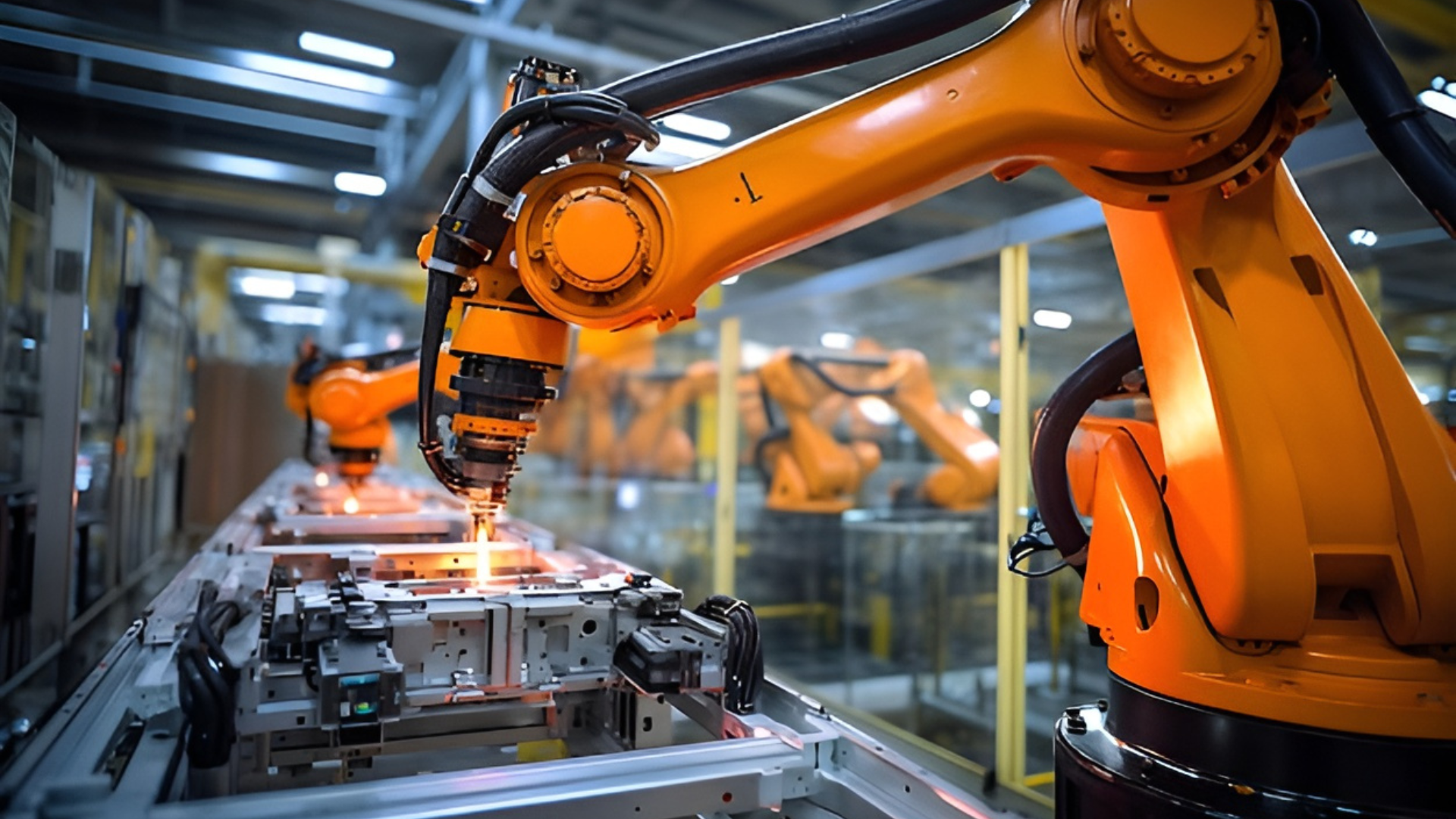 A robotic arm is cutting a piece of metal in a factory.