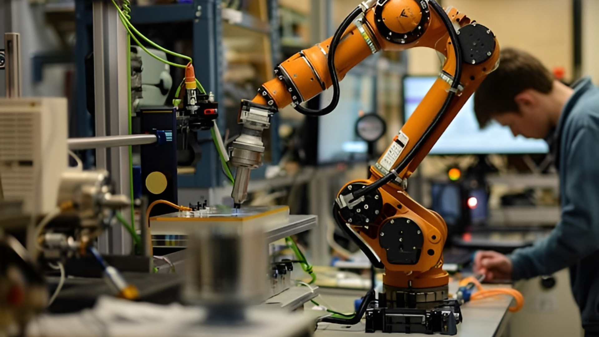 A man is working on a robotic arm in a factory.