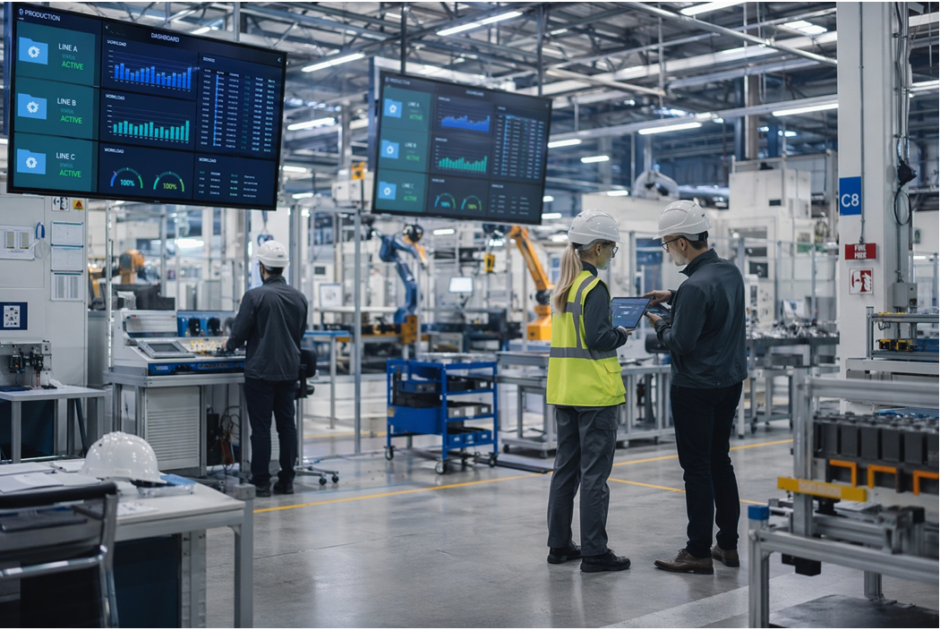 Factory workers monitoring production line on screens in a bright industrial workshop