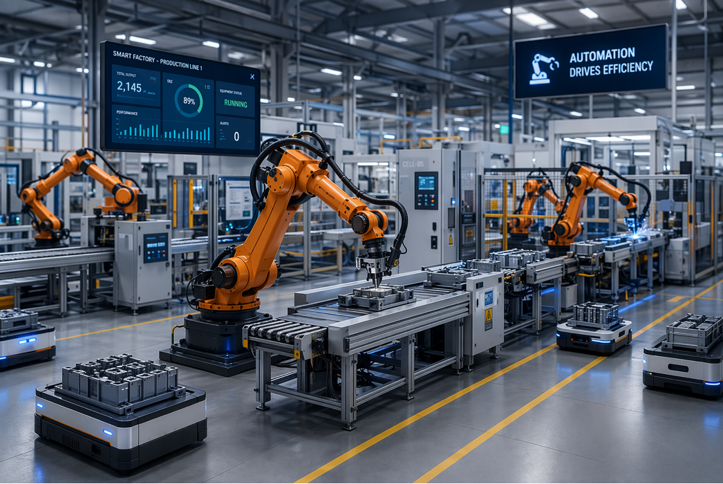 Automated factory floor with orange robotic arms assembling products on a conveyor line