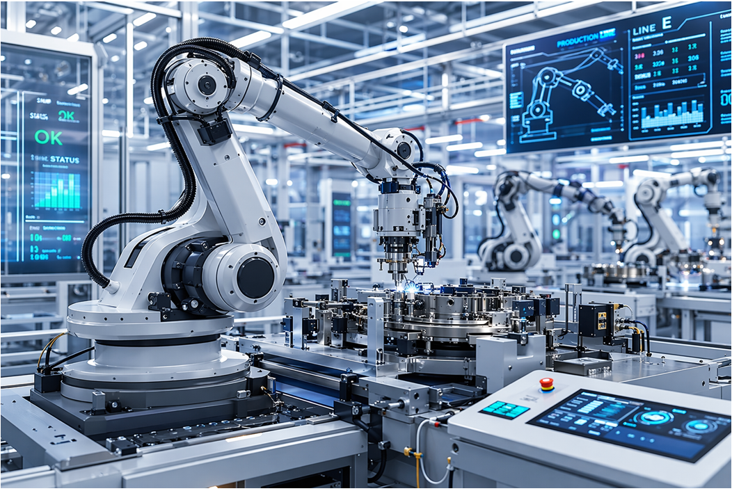 Automated industrial robot arms operating on a factory assembly line with digital control screens