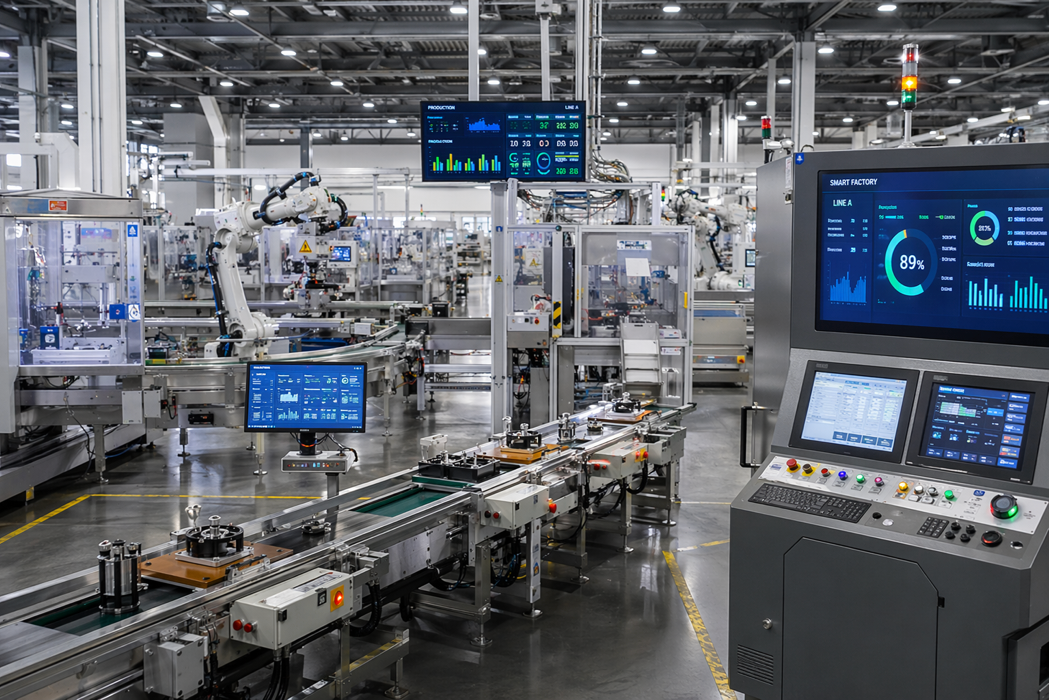 Automated factory assembly line with robotic machinery and digital control screens in a bright industrial plant