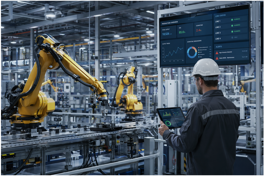 Factory worker monitoring robotic arms on a digital tablet in an automated assembly line.