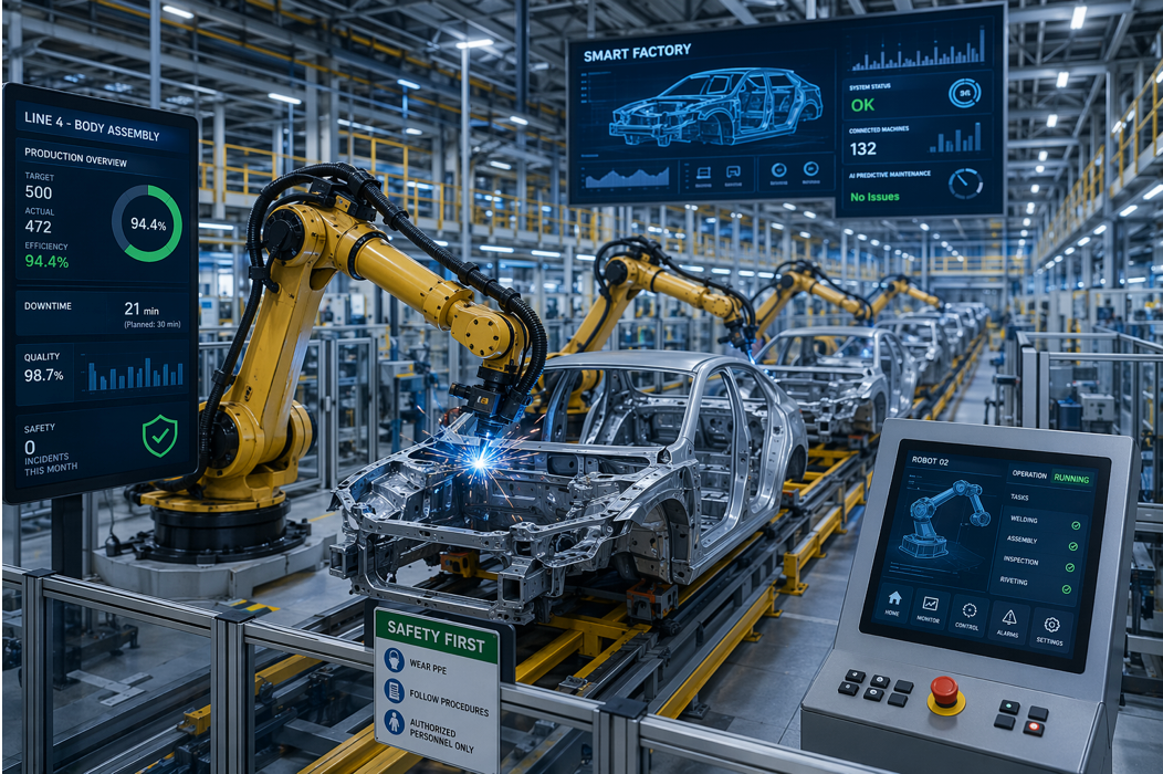 Robotic arms assemble cars on a high-tech factory floor with digital monitoring screens.